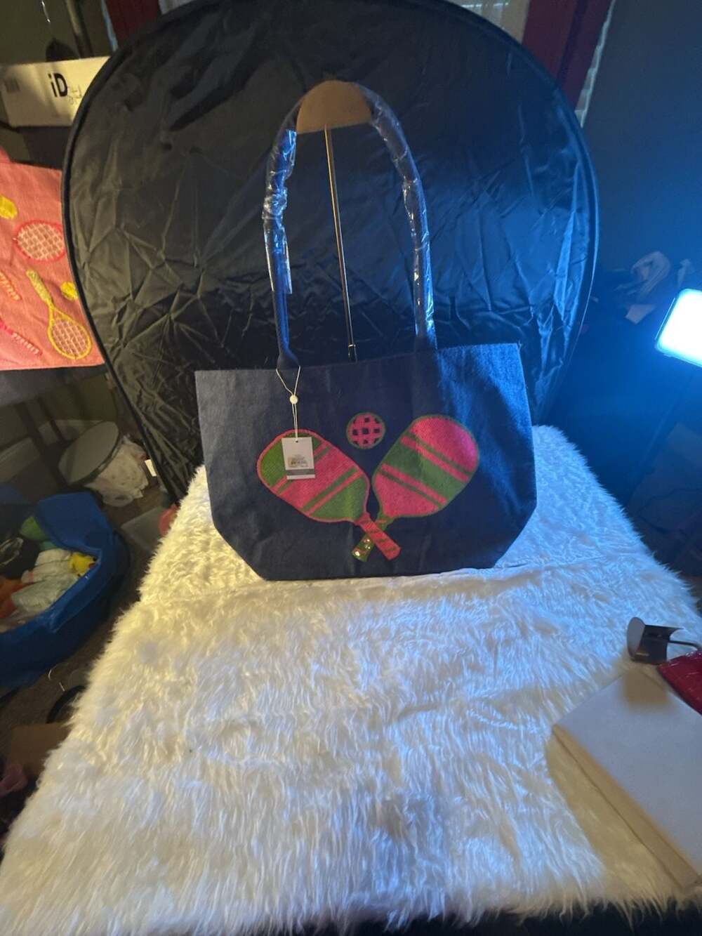 Mud Pie Pickleball Tote Bag Blue Canvas